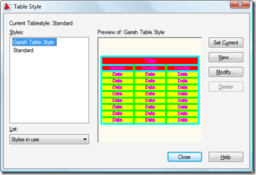 AutoCAD's Table Style dialog with our updated style