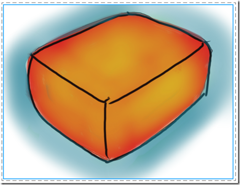 Red shape, rough edges, green highlighting and blue boundary