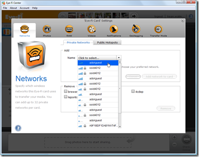 Eye-Fi Center - adding networks