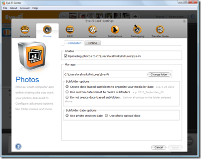 Eye-Fi Center - photo settings - computer