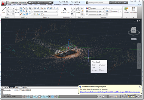 Point cloud of a Mini Cooper imported into AutoCAD