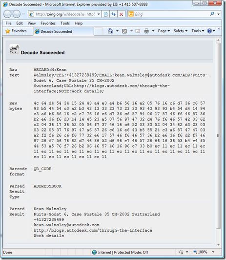 Contact details decoded from a QR Code in AutoCAD