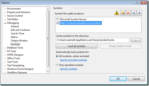 Debugging options with symbol server added