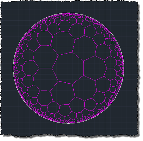 A {7 3} hyperbolic tessellation in AutoCAD with curves