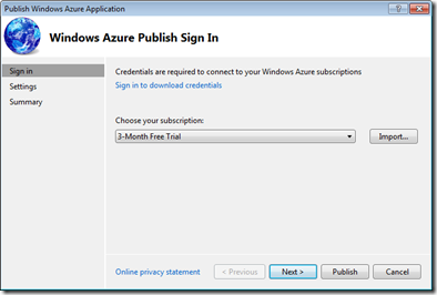 Windows Azure Publish Sign In dialog Windows Azure Publish Sign In dialog