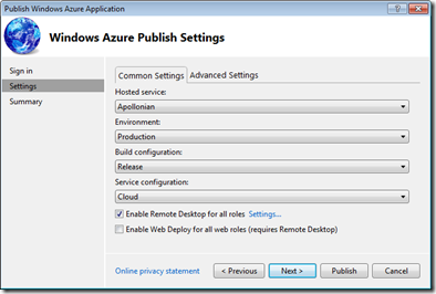 Our publish settings Our publish settings