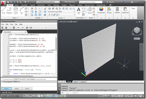 The all new DesignScript with the 1st tutorial script loaded and executed