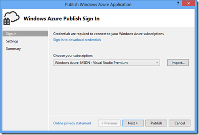 Windows Azure Publish Sign In