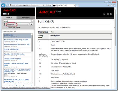 Filter for developer content in AutoCAD 2013's updated online Help