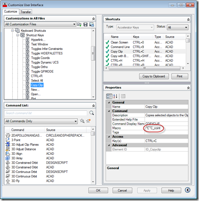 Redefining the Ctrl-C keyboard accelerator using the CUI command