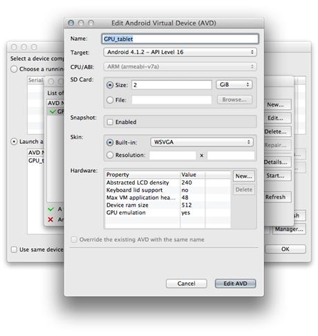 The virtual device settings