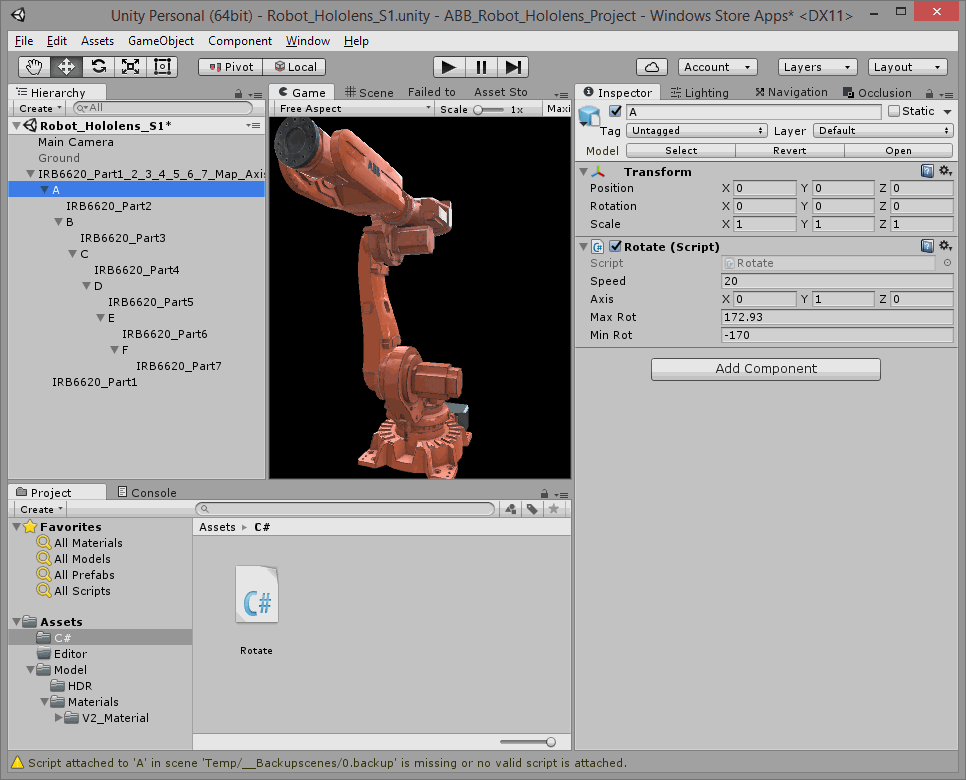 Unity script assignments on HoloLens robot