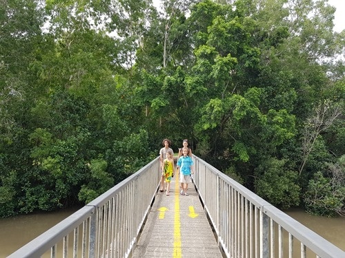 Crossing a bridge at the botanical gardens