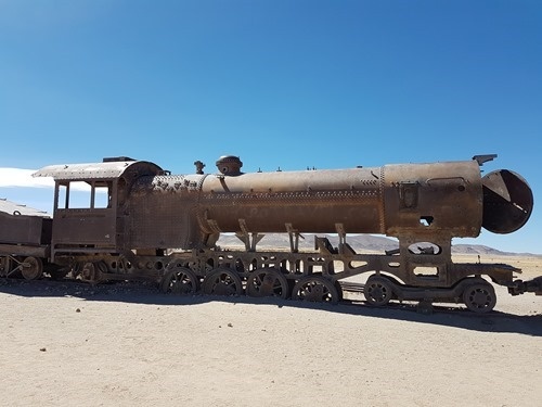 An old steam engine in Uyuni's train cemetery