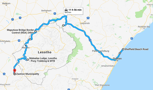 Our route from Durban to Lesotho and out the other side