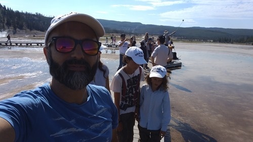 On the boardwalk at the Grand Prismatic spring in Yellowstone