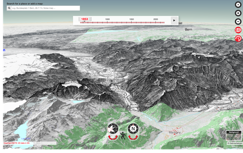 The 1853 map of Switzerland draped across its 3D topography