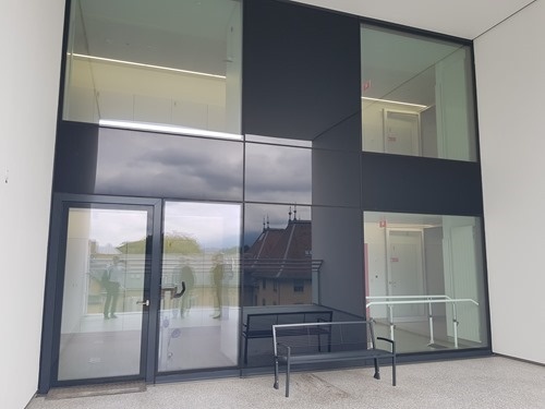 Looking back towards the floors of the hospital