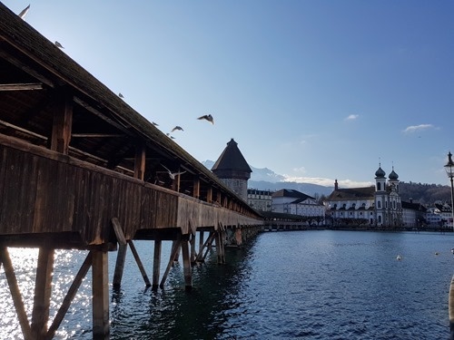 The Chapel Bridge with birds on it