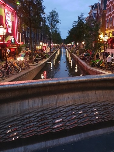 View down the canal by night