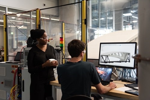 Fope and Pete looking at the bridge design