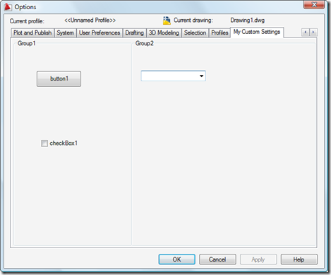 A custom tab in AutoCAD's options dialog