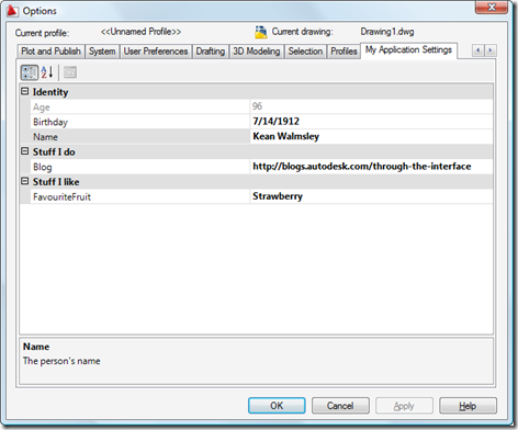 A custom tab with a property grid in AutoCAD's options dialog