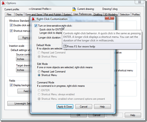 AutoCAD options for right-click menu display