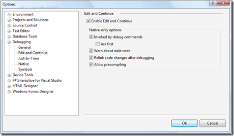 Debugging Options - Edit and Continue