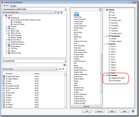Editing the rollover tooltip properties for a line in the CUI dialog